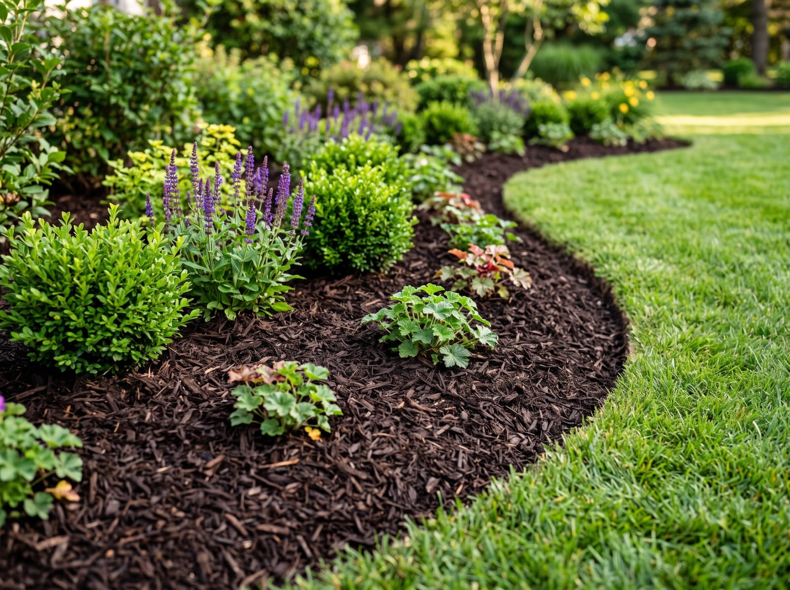 Garden beds with fresh dark mulch and crisp edges