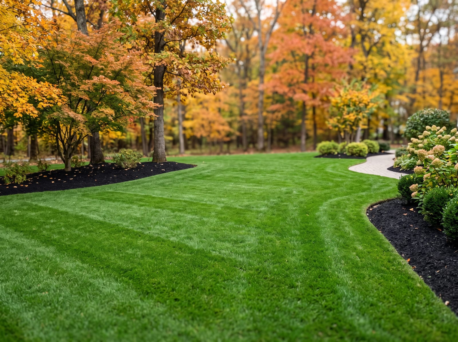 Yard cleared of leaves with a clean lawn after fall cleanup