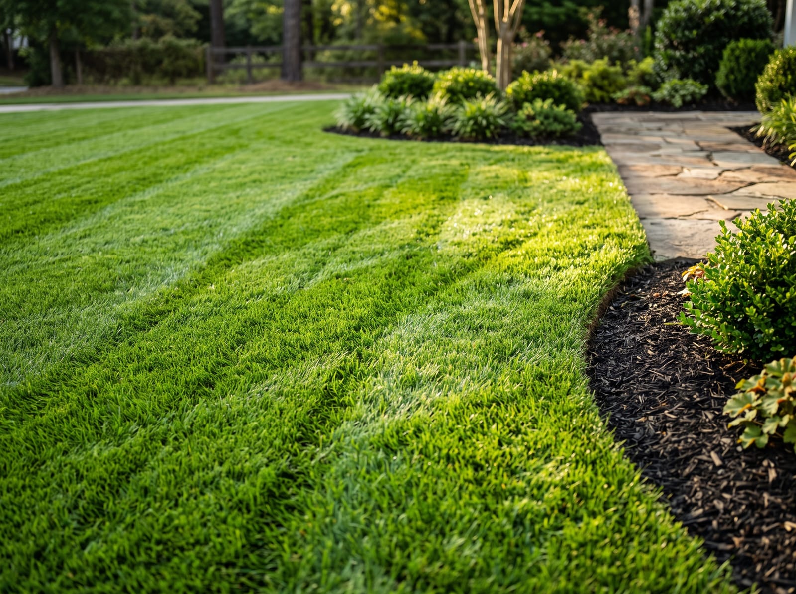 Freshly mowed front lawn with clean mowing stripes and crisp edges